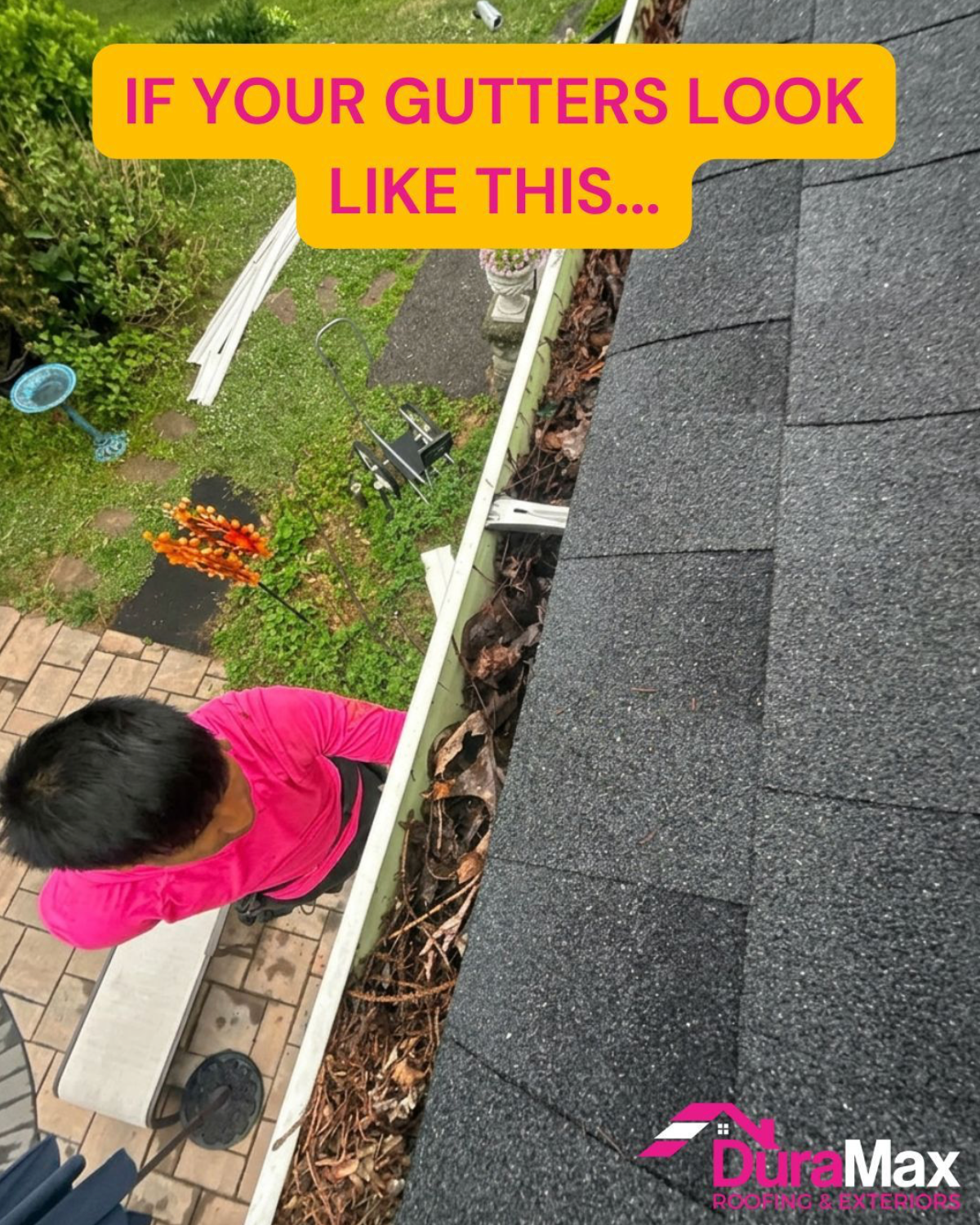 Clogged gutter filled with leaves and debris